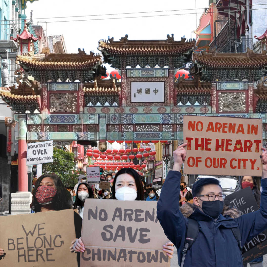 Photo-edited image of a group of protesters in Chinatown with signs that advocate against the construction of an arena